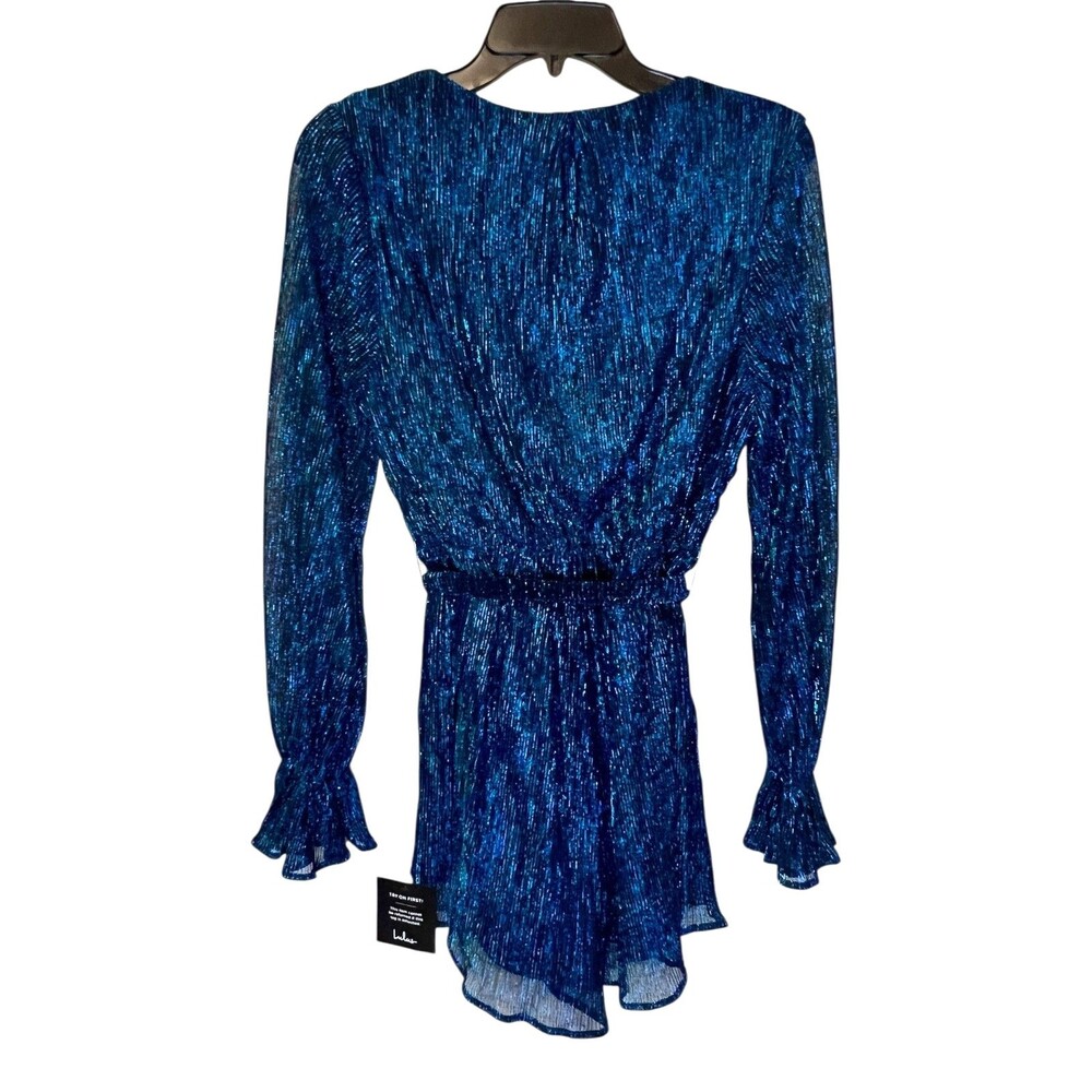 LULUS Wow Factor Blue Metallic Surplice Romper Long Sleeve Fancy Shimmer S NWT - Picture 2 of 5